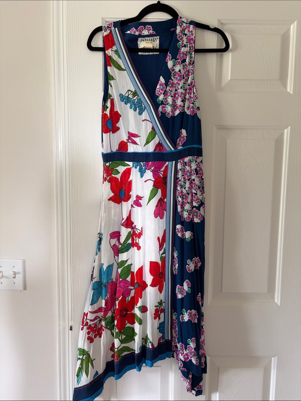 Anthropologie - Maeve Navy, White & Red Asymmetrical Floral Maxi Dress